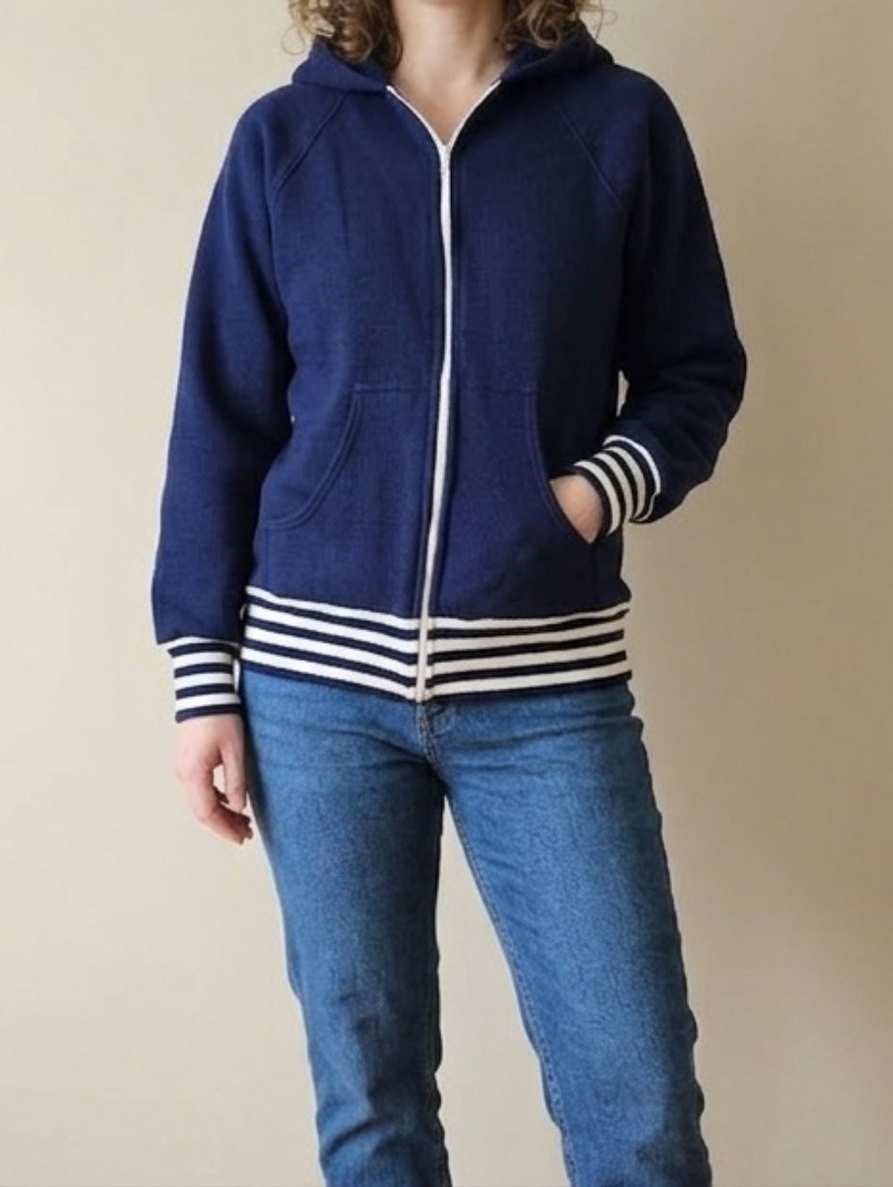 Vintage Baymart Hudson's Bay Co Navy Blue Striped Zip Up Hoodie Medium